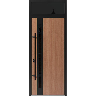 Façade avant en acier pré-suspendue / fenêtre en teck / haut Ronex 1033 avec fenêtre latérale / entrée en métal peint moderne l 36 po x H80 + 16 po à droite