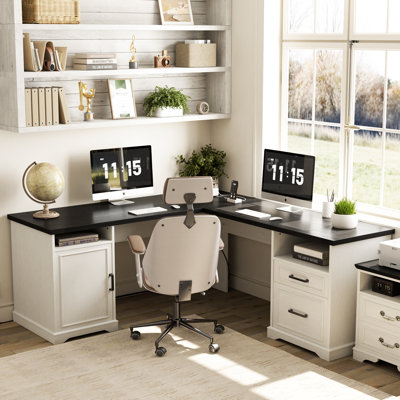 60‘’ L Shaped Desk with Wooden Drawers
