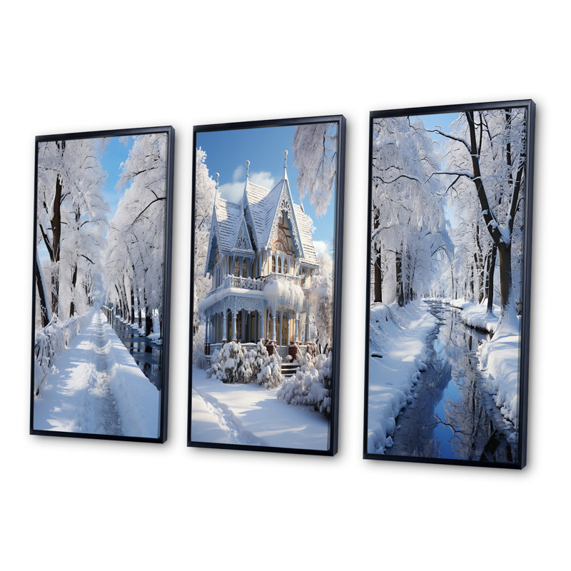 «Winter Snowy Serenity», 3 pièces sur toile, H 28 po x l 12 po, Cadre noir