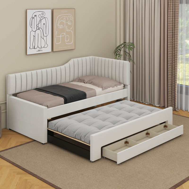 Upholstered Daybed With Trundle And Drawers, Beige, Twin