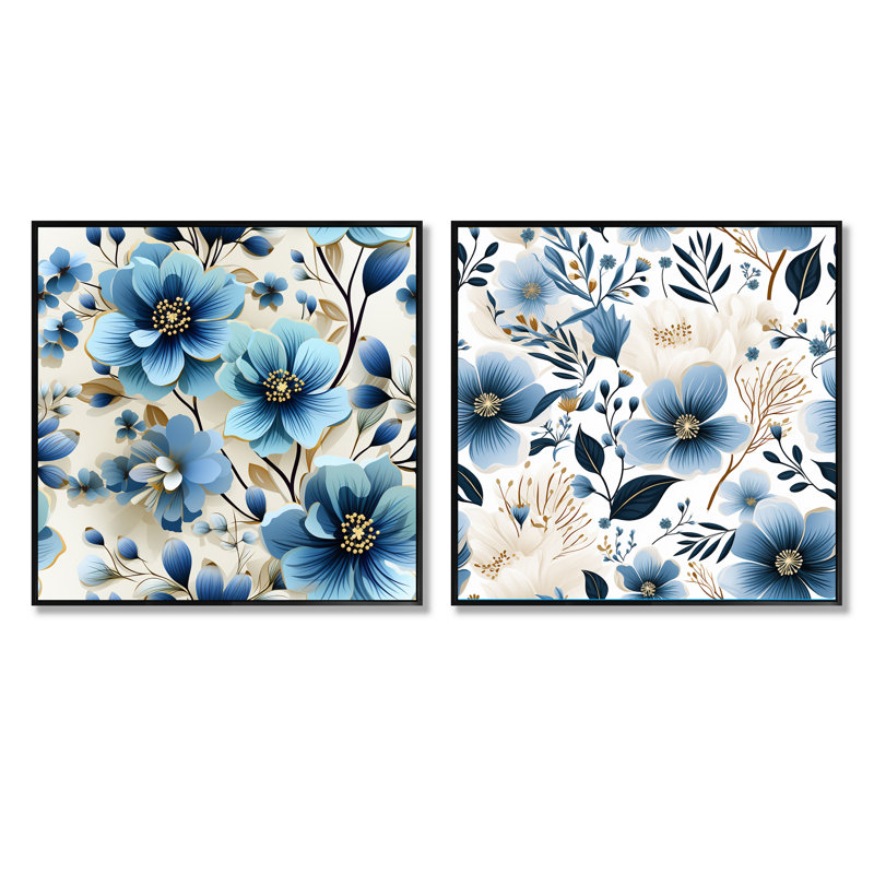 Crawfordville - Ensemble de 2 collages floraux carrés, Cadre flottant noir, H 16 po x l 33 po