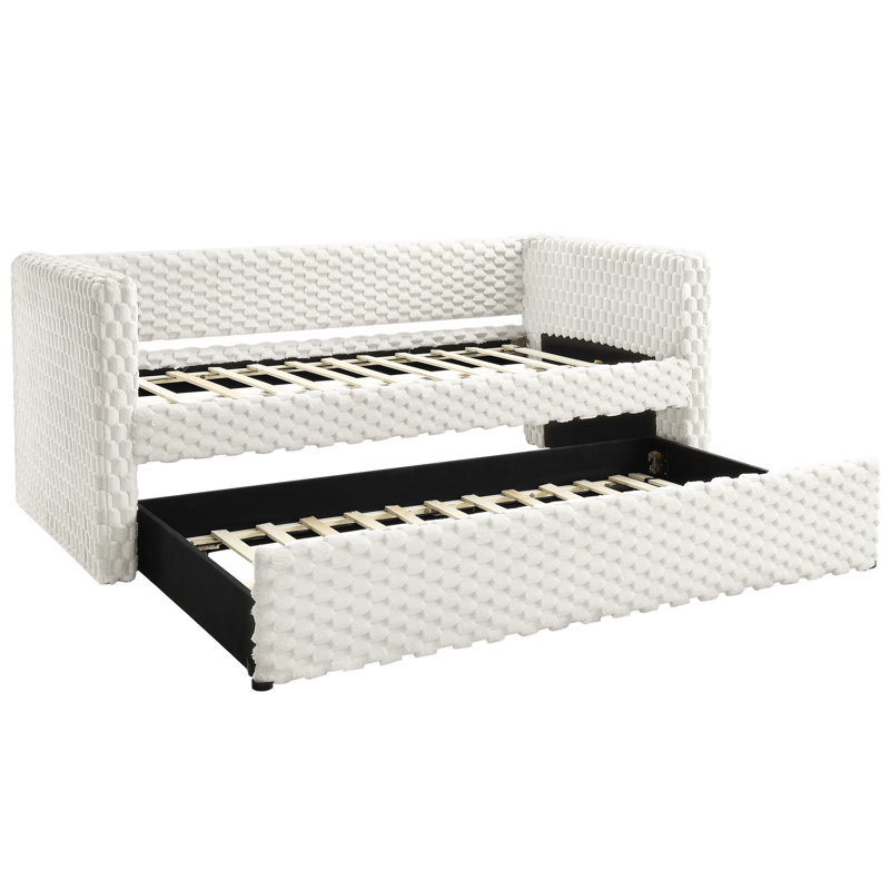 Lit de jour moderne avec fonction de couchette, tissu texturé doux en blanc, fabrication en bois massif pour chambre à coucher