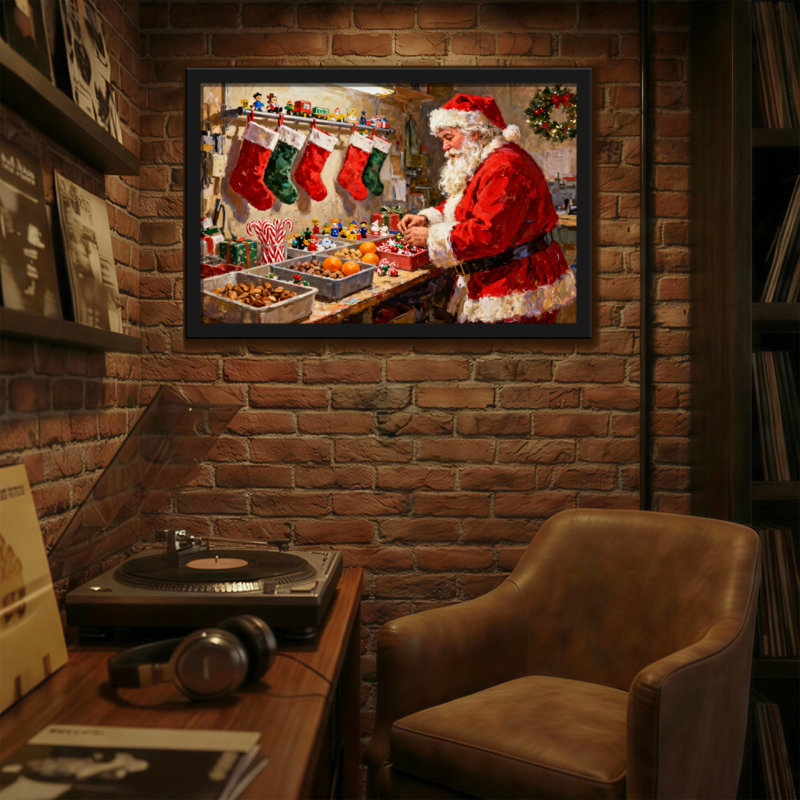 Noël, père Noël, confection de cadeaux dans un atelier, H 20 po x l 30 po