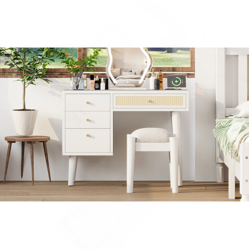 Charming Retro Bohemian Wooden Dressing Table With Multiple Functionalities, White