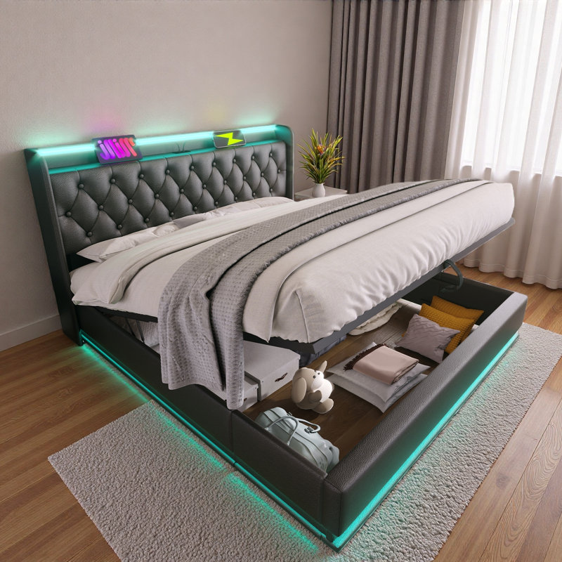 Lit tapissier avec DEL, rangement hydraulique et charge USB Type-C, Très grand lit