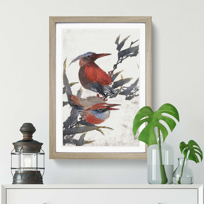 Two Birds by Katsushika Hokusai - Picture Frame Painting Print, 48cm H x 36cm W x 2cm D, Oak Framed
