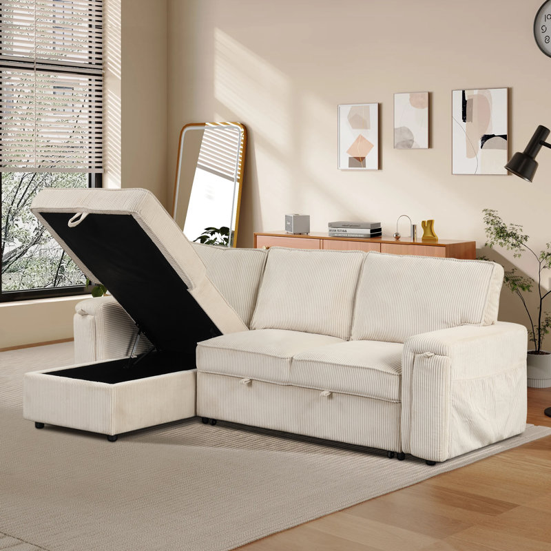 Canapé-lit modulaire réversible de 96 po en velours côtelé avec rangement et méridienne et 2 porte-gobelets