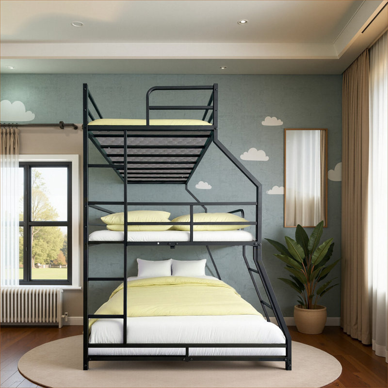 Structure de lit en métal avec lit triple et chambre à coucher pour enfants avec garde-corps pleine longueur et double échelle