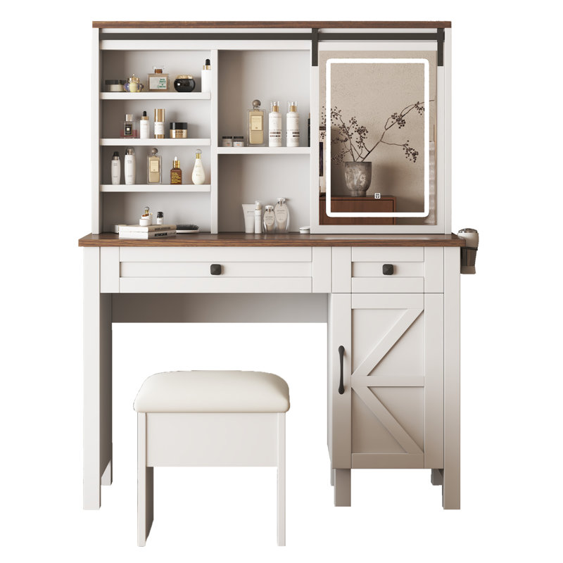 Meuble-lavabo de ferme avec miroir coulissant, lumières et porte-séchoir à cheveux