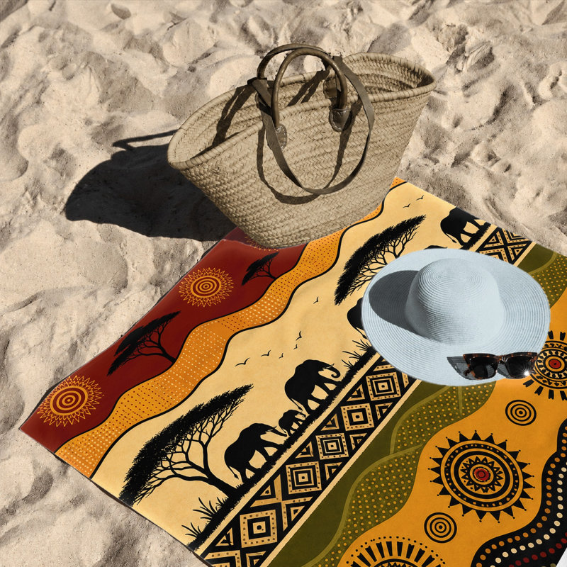 1pièce de serviette de plage éléphant d'Afrique, scène de savane vibrante avec motifs tribaux, grande microfibre pour le voyage et le camping, unisexe