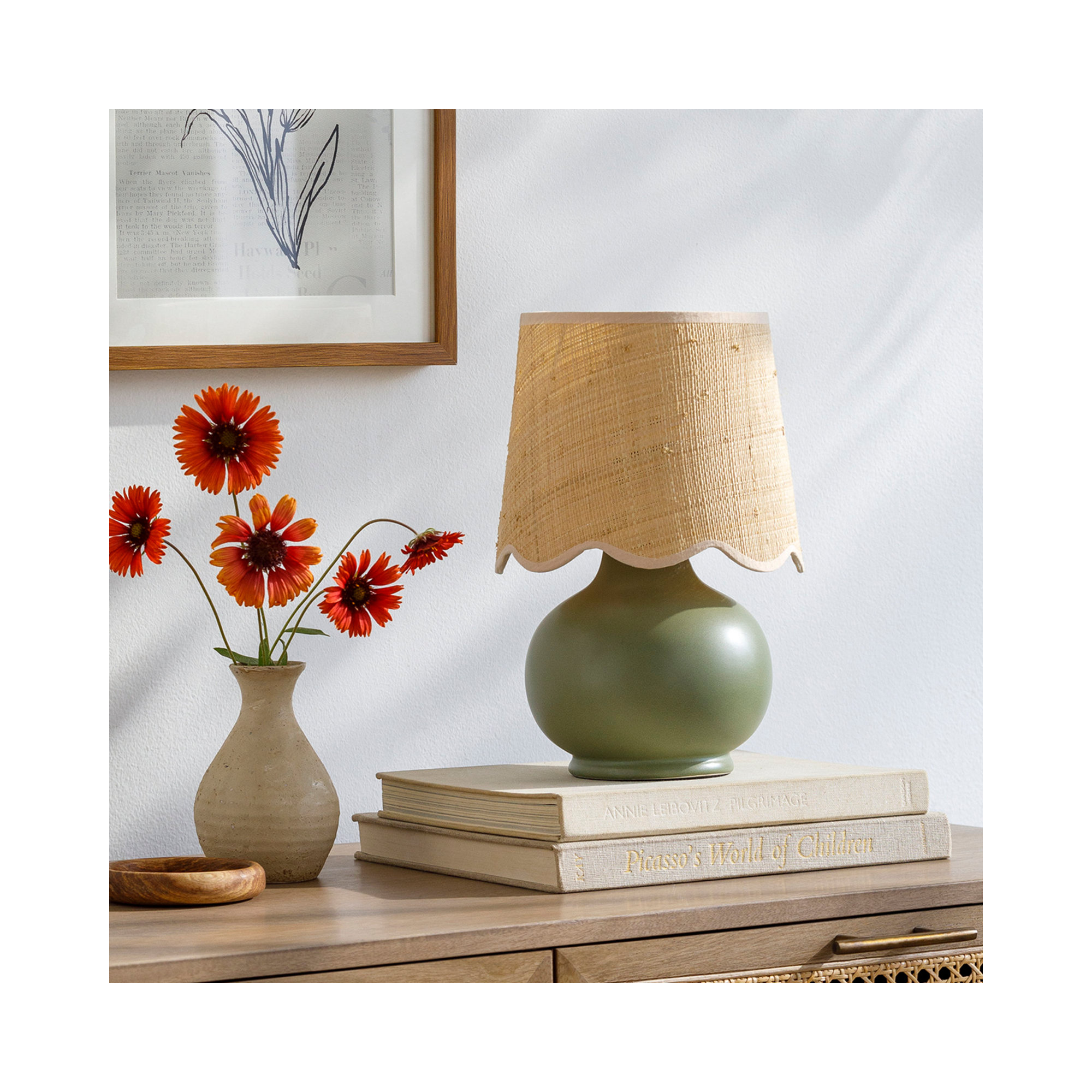 Momsen Scallop Shade Lamp, 13"" H x 8"" W x 8"" D, Natural, Khaki