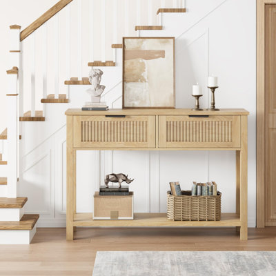 Table d'entrée Farmhouse, console en bois de 43 pouces avec 2 tiroirs, table de canapé à 2 niveaux avec rangement pour le salon, tables de vestibule pour vestibule - Burlywood
