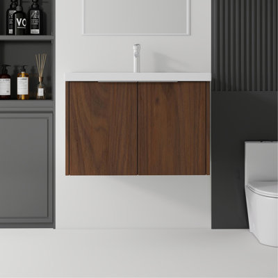 Meuble-lavabo flottant 36 po avec lavabo, porte en céramique, contreplaqué, brun