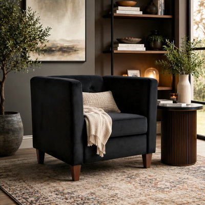 Modern Button Tufted Velvet Accent Chair with Square Arms and Tapered Wood Legs, Mid-Century Style for Living Room and Bedroom