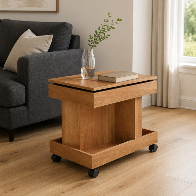 Rolling End Table with Rotating Desktop and Storage Compartment