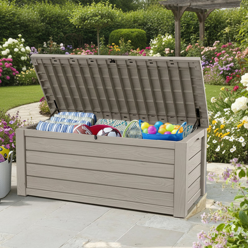 150 Gallon Large Resin Outdoor Deck Box with Lockable Lid for Garden, Pool, and Patio, Beige