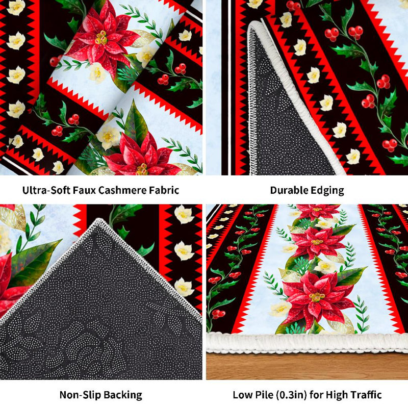 Tapis d'intérieur lavable à la machine, bordure de Noël à fleurs dorées, Rectangle 79 po x 118 po