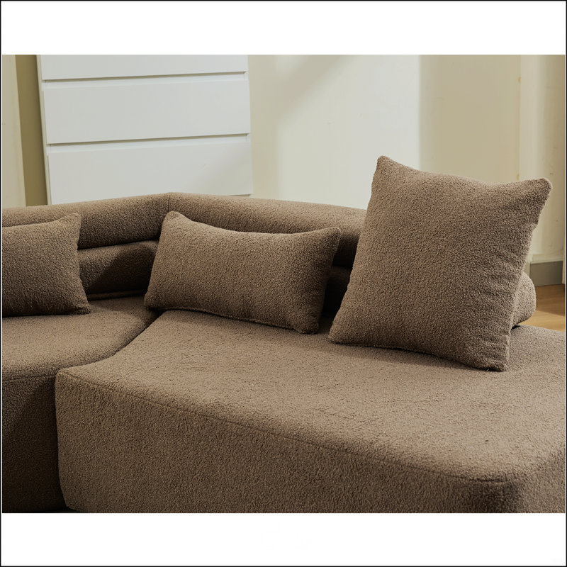 Modern 4-Seater Sectional Couch with four pillows, Brown Polyester Blend
