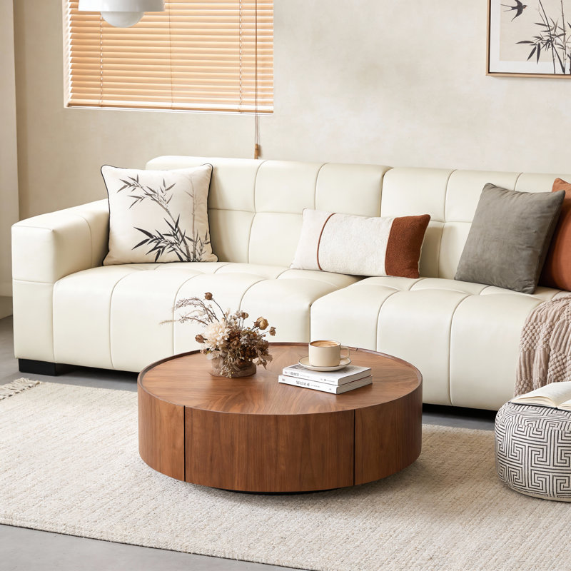 39.4"Solid wood grain .Double-drawer storage.Sturdy base.Safety anti-collision edges.Round coffee table