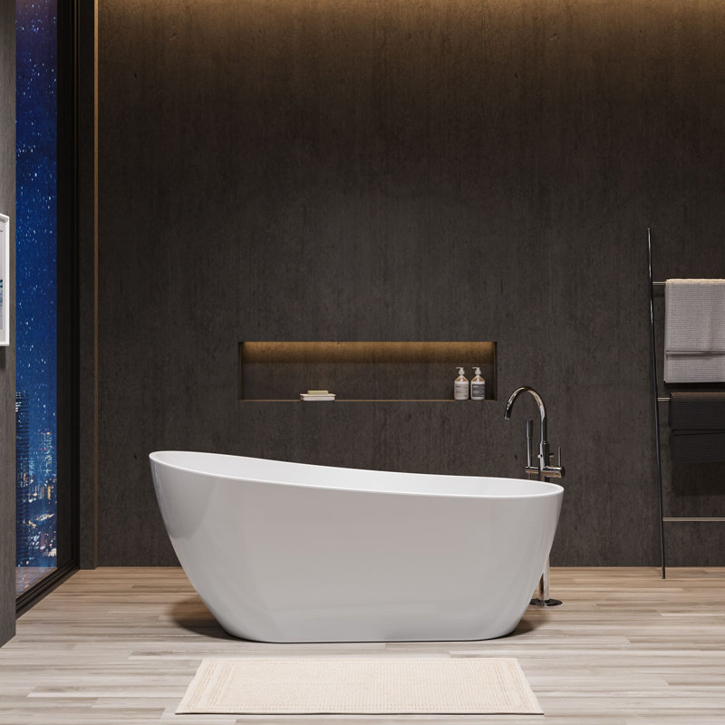 Baignoire de trempage autoportante à dossier haut en acrylique blanc brillant avec trop-plein et drain intégrés