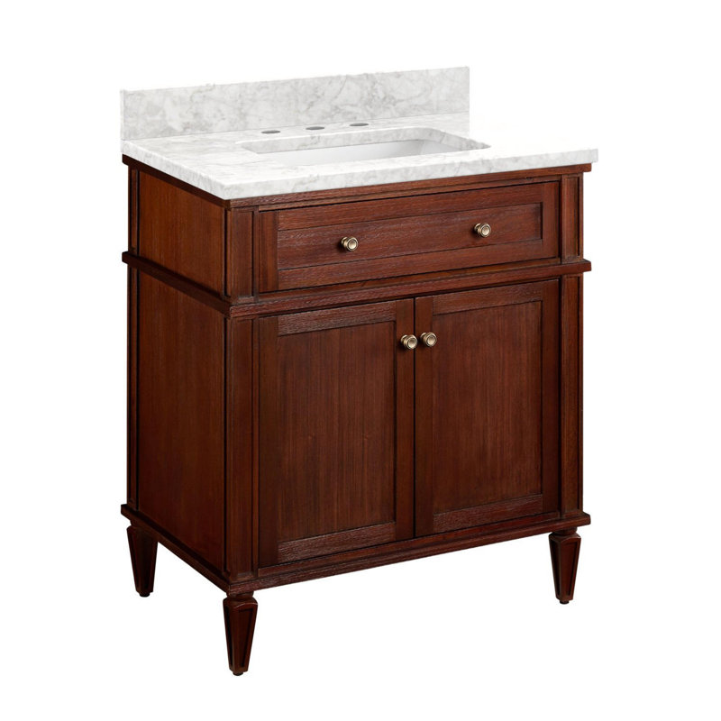 Elmdale 30" Freestanding Mahogany Single Basin Vanity Rectangular Undermount Sink, 8" Centers, Carrara Marble