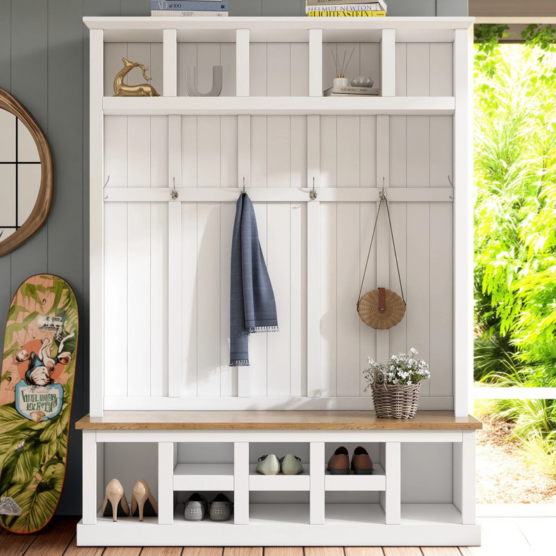 Farmhouse Wooden Style Hall Tree with Wide Storage Seating Bench, Entryway Shoe Cabinet with 13 Compartments – Elegant Coat Rack with 6 Hooks for Mudroom, Living Room, Rustic Organizer with Anti-Tipping