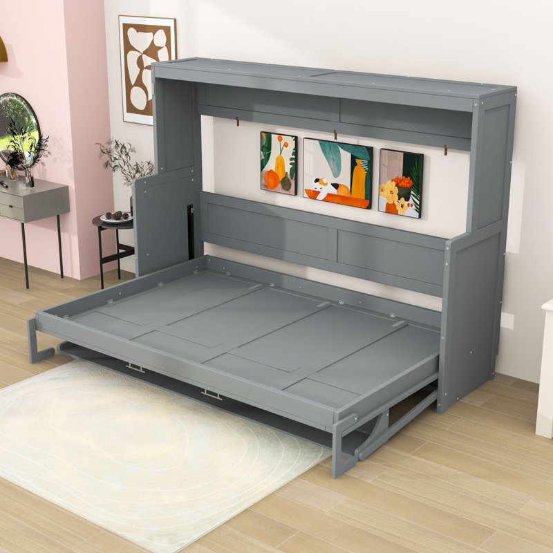 Lit escamotable en bois avec tablettes de rangement, gris, Complète