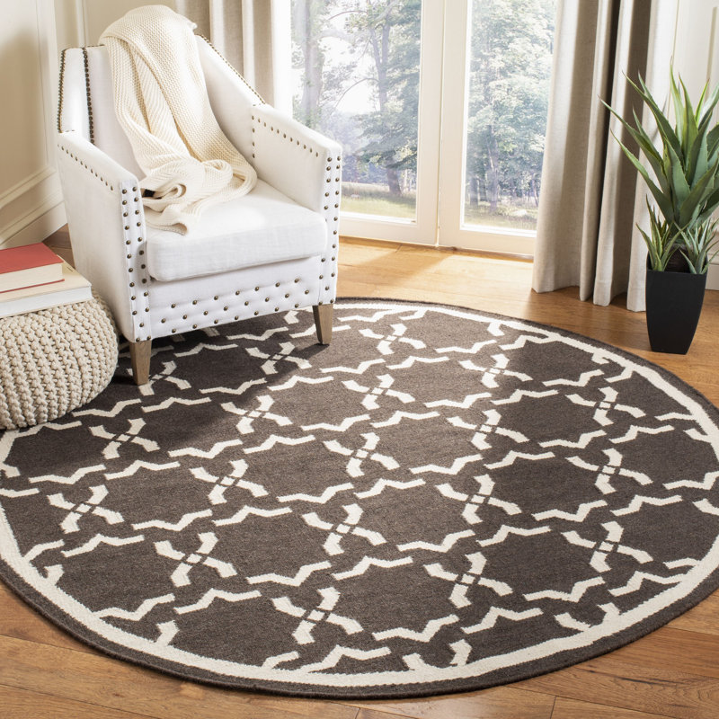Rodgers Hand Woven Flat Weave Wool/Cotton Geometric Rug in Chocolate, Round 6'