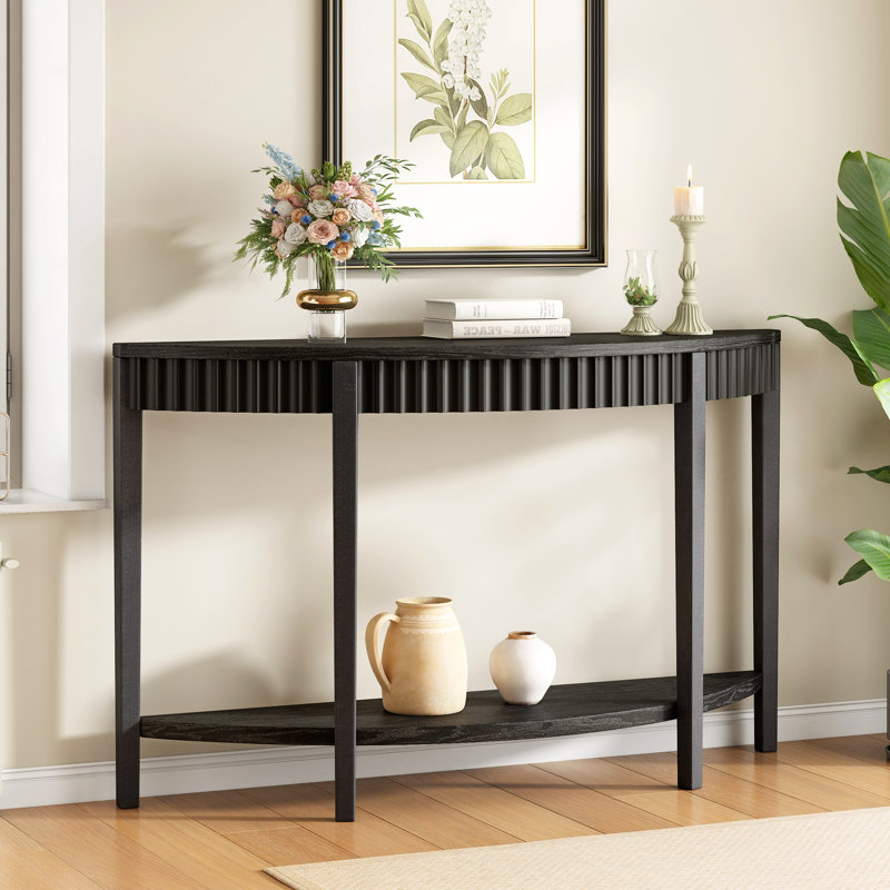 55" Elegant Half-Moon Entryway Table with Wood Veneer and Open Shelf for Hallways or Foyers