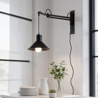 Black Plug-in Swing Arm Wall Sconce with Dimmer Switch, Farmhouse Industrial Wall Lamp with 9.8ft Cord, Adjustable Reading Light for Bedroom Bedside Living Room