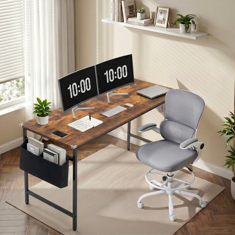 2 Piece Office Furniture Set Computer Desk & Office Chair, Brown/Black Table/Gray Chair