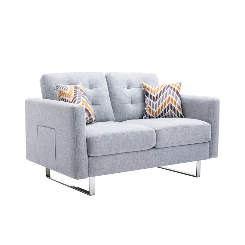 Causeuse Victoria en tissu de lin 53,5 po avec pieds en métal, poches latérales et coussins, Gris clair