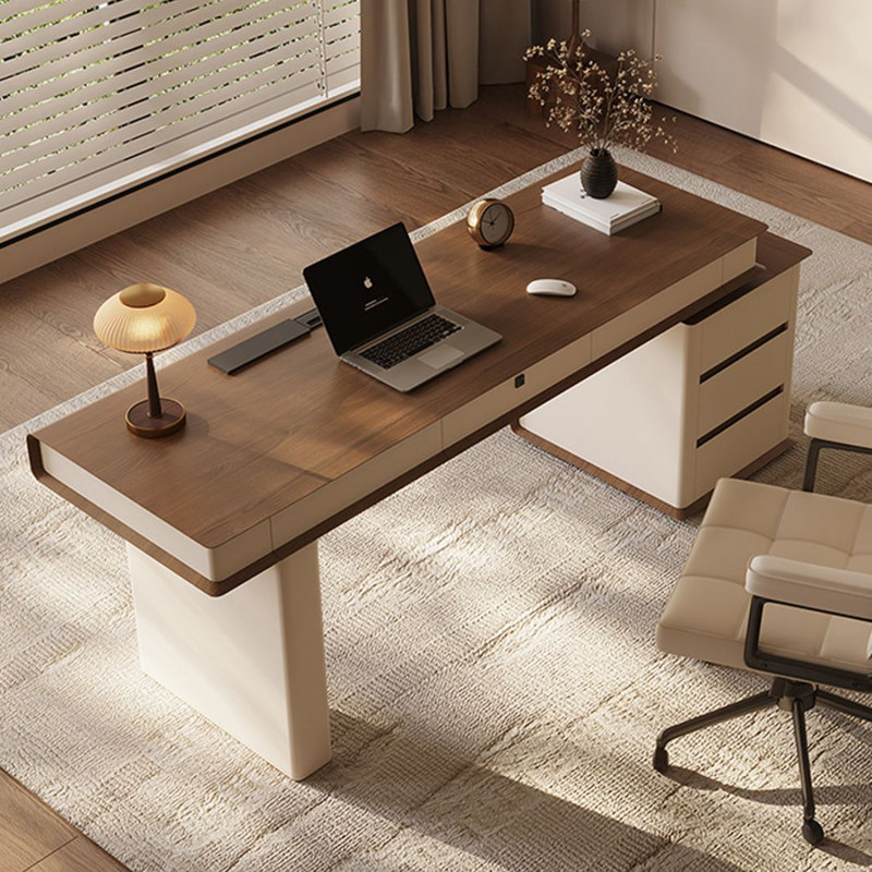 Bureau rectangulaire à 6 tiroirs en bois manufacturé brun noisette + kaki clair, Retour à droite