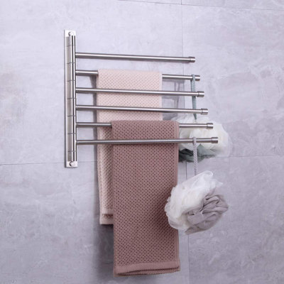 Porte-serviettes de salle de bain mural à 6 accoudoirs pivotant avec crochets Finition en acier inoxydable brossé antirouille