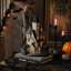 Maison hantée lumineuse en carton, à poser sur une table, fonctionnant à piles, fini noir et beige, idéale pour Halloween.