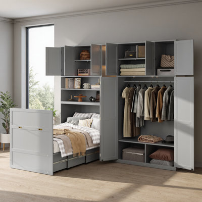 Lit simple escamotable avec garde-robe et tablettes à DEL, lit escamotable mural avec rangement au-dessus, meubles de chambre à coucher peu encombrants pour petites pièces, appartements