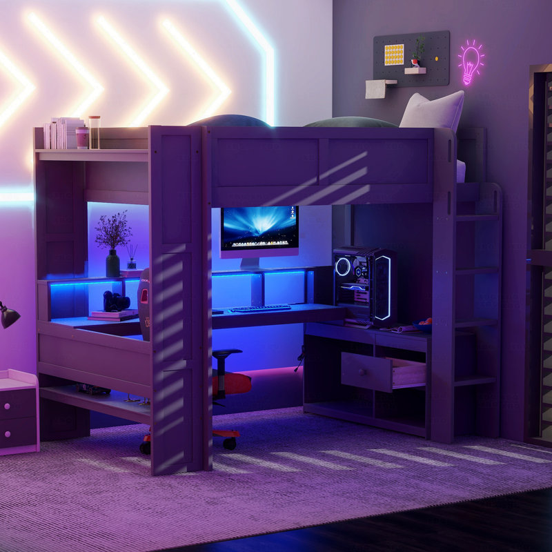 Lit mezzanine en bois pleine grandeur avec rangement, bureau, tablettes multiples, DEL et station de charge, Lit double