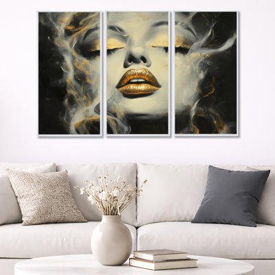 «Smoke and Golden Lips I - Film noir», ensemble de 3 toiles encadrées