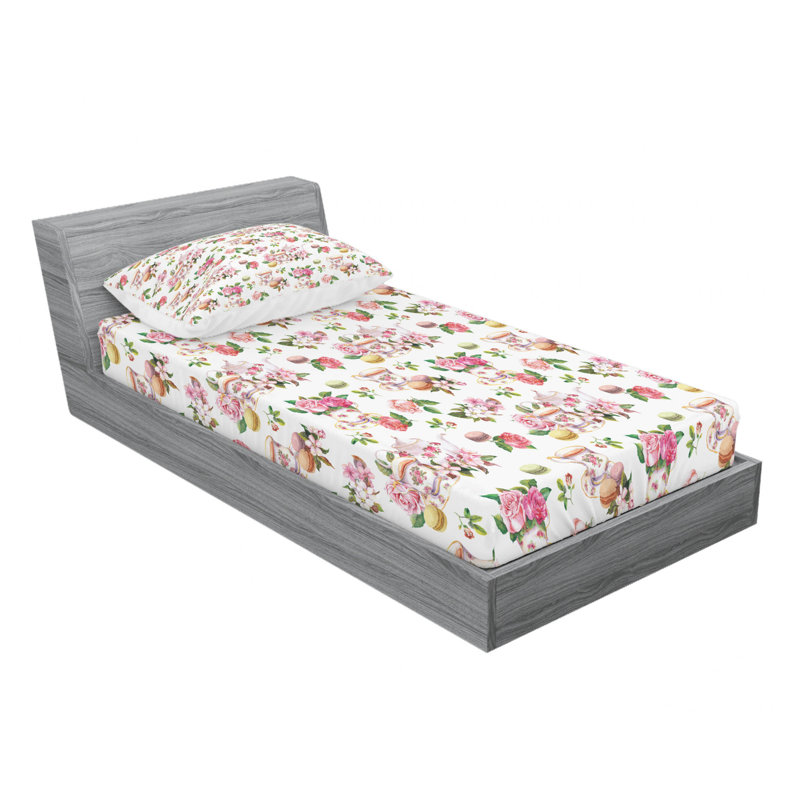 Microfiber Floral Sheet Set, Twin XL Sheet Set + Fitted Sheet + 1 Pillowcase, White/Pink/Green Floral