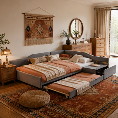 Upholstered Double Daybed with Trundle and Drawer