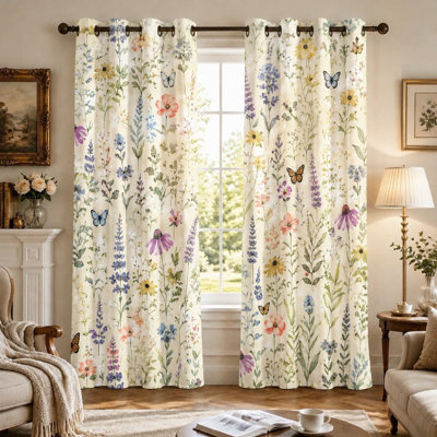 2Pcs Watercolor Botanical Print Grommet Curtains, Vintage Floral and Butterfly Design Sun Blocking, Decorative Art for Living Room Bedroom Farmhouse for Home Dector