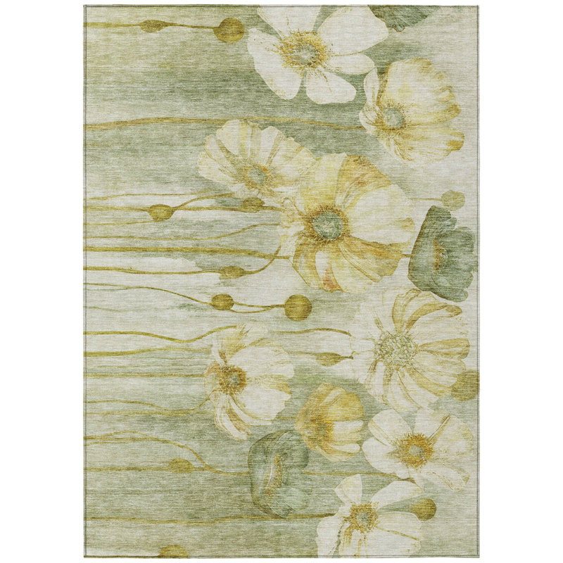 Tapis lavable intérieur / extérieur floral ivoire 10 pi x 14 pi