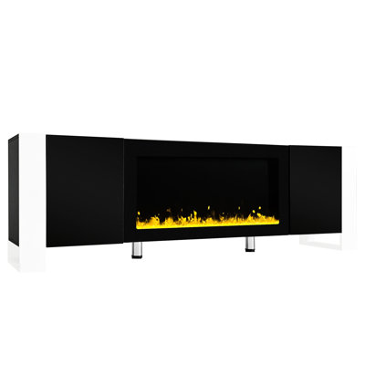 34.2" Electronic Fireplace - Fitted Tv Stand, Black , 2 Cabinets For Entertainment Magazines, Safe And Attractive Style Minimalist Stand With Fireplace, Material, Harmonious Decor