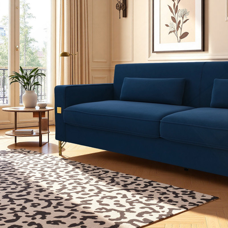 Canapé en velours de luxe avec accents dorés - Canapé moderne à 3 places avec coussins moelleux, pour le salon et le bureau