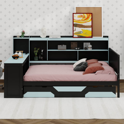 Corner Bed Frame With Desk & Drawers & Charging Station & Lights,Gaming L Shape Daybed With Headboard And Open Shelves