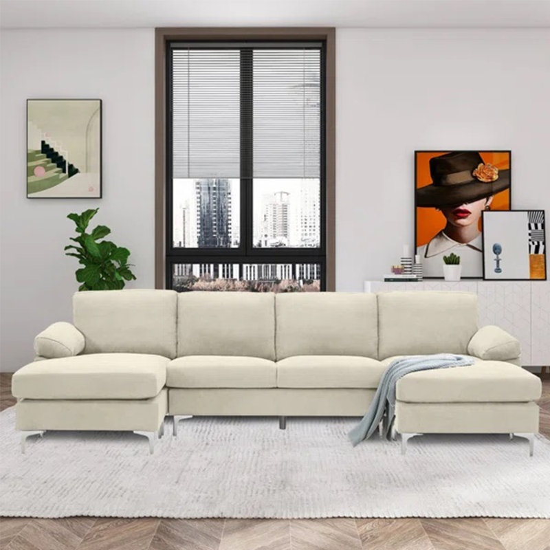Canapé modulaire réversible avec repose-pieds Landover, Mélange de polyester beige