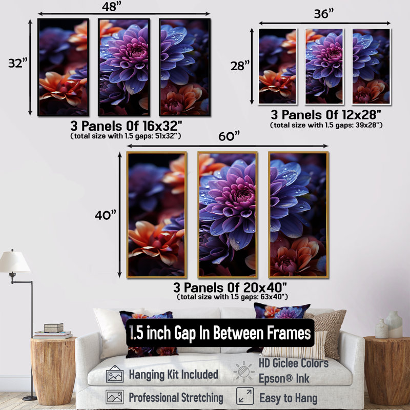«Mums Nocturnal Elegance Midnight Indigo I», ensemble d'art sur toile Mums, Cadre flottant doré, H 40 po x l 60 po x P 1 po
