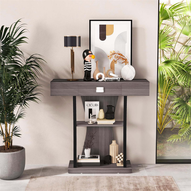Rustic T Shape Console Table with Storage Drawer, Entryway Furniture, Grey/Black