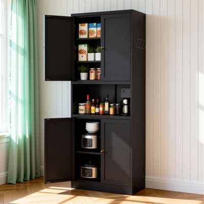 72" High Black Steel Kitchen Pantry Storage Cabinet with Large Countertop, Adjustable Shelves and Hooks, Heavy-duty Modern Style Cabinet