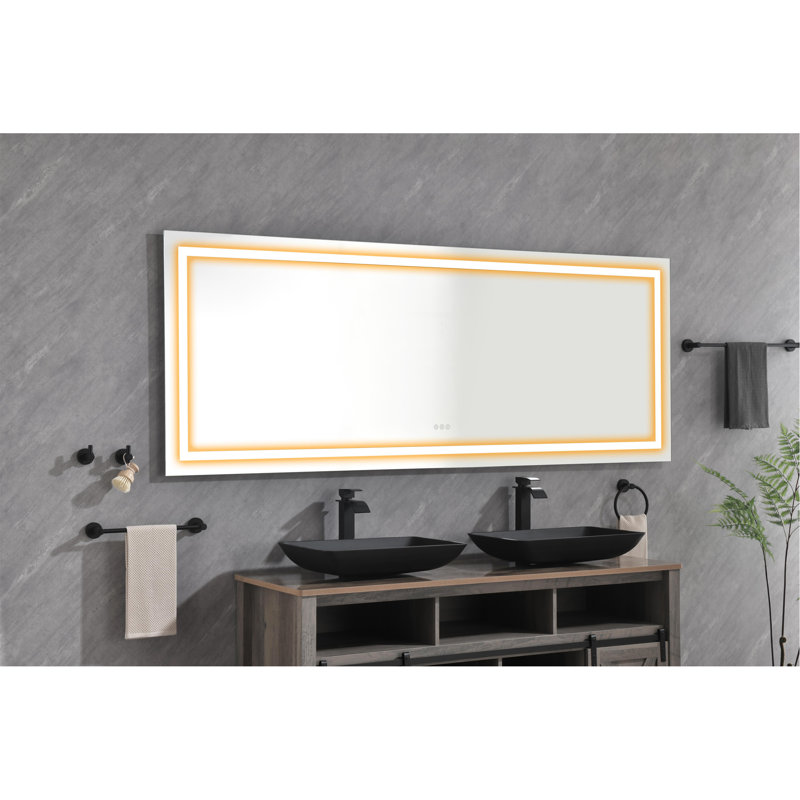 Miroir de salle de bain 96 po x 36 po à DEL avec façade et rétroéclairage, miroir de meuble-lavabo mural, anti-buée, mémoire, 3 couleurs, réglable en continu